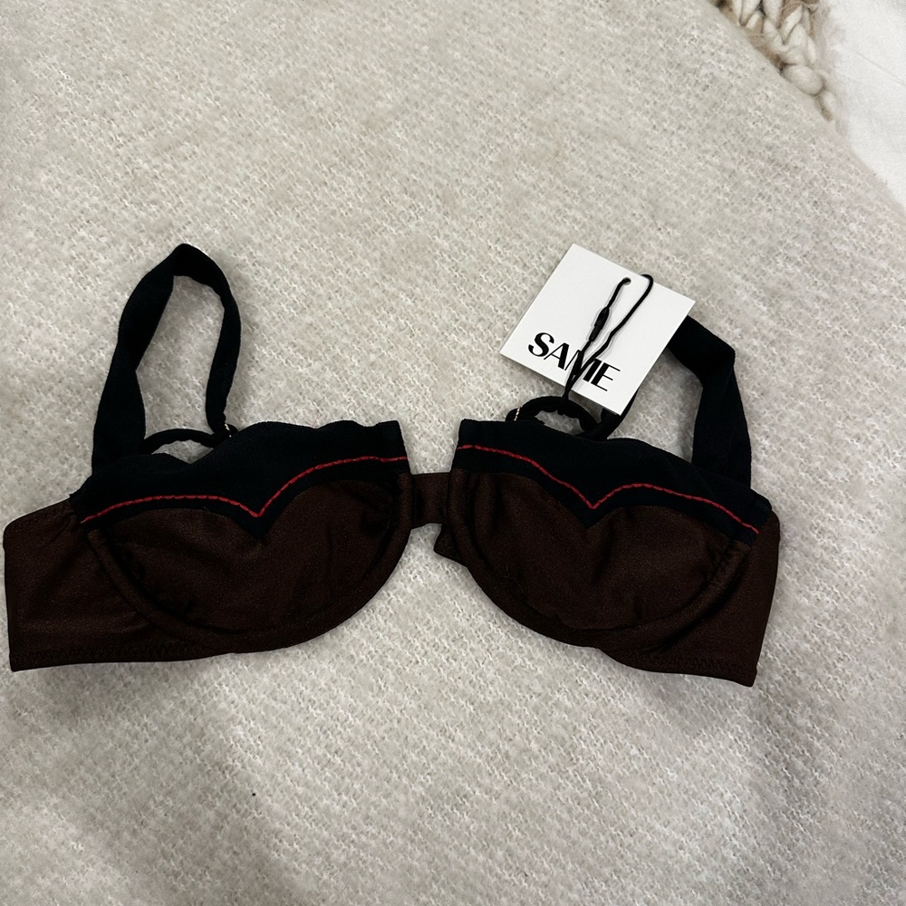 Brown & Black Underwire Bikini Top with Contrast Stitching